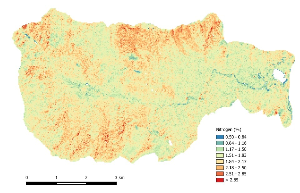 Figure 6. Canopy Nitrogen, Hubbard Brook Experimental Forest and Watersheds, NH USA, 2012, derived from airborne imaging spectrometer data and field measurements of foliar nitrogen. Earth Systems Research Center, University of New Hampshire, Durham, USA.