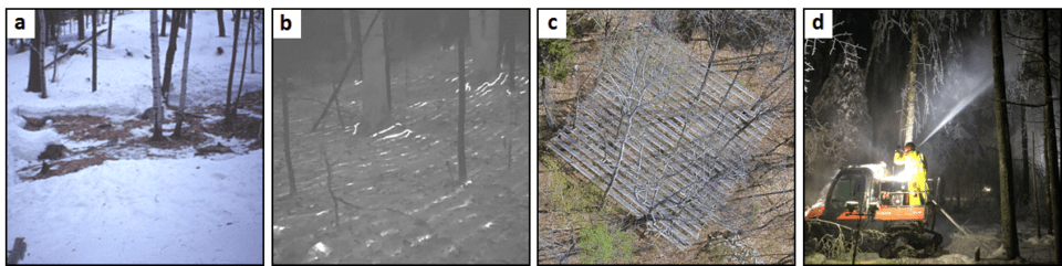 Figure 5. Climate change manipulation experiments at the HBEF including: (a) snow removal to induce soil freezing; (b) heating cables to warm plots as shown with a thermal image; (c) throughfall exclusion to simulate drought; and, (d) spraying water over the canopy during cold weather to create an artificial ice storm.
