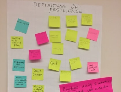 colorful sticky notes on white flip chart paper under words in black marker: definitions of resilience