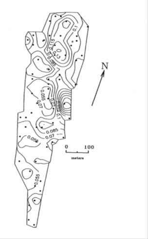 Figure 3. Map of exchangeable potassium concentration (cmol/kg) in upper mineral soil horizons of W5. From Likens et al. 1994