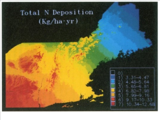 Figure 5. Map of atmospheric deposition of total N across northeastern United States. From Ollinger et al. 1993
