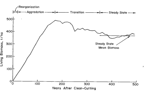 Figure 1. Changes in living biomass during ecosystem development after clear-cutting based on the average of two JABOWA simulations. (Bormann and Likens, 1979).