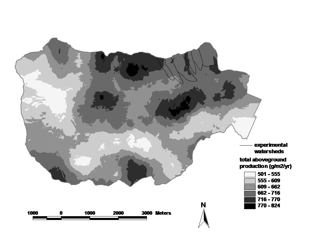 Spatial pattern of estimated aboveground net primary productivity across the Hubbard Brook valley for 1990-1995.The interpolations are based on 370 plots for which diameter growth of all trees (> 10 cm DBH) was measured. Error estimates are given in the text. (Fahey et al., 2005)