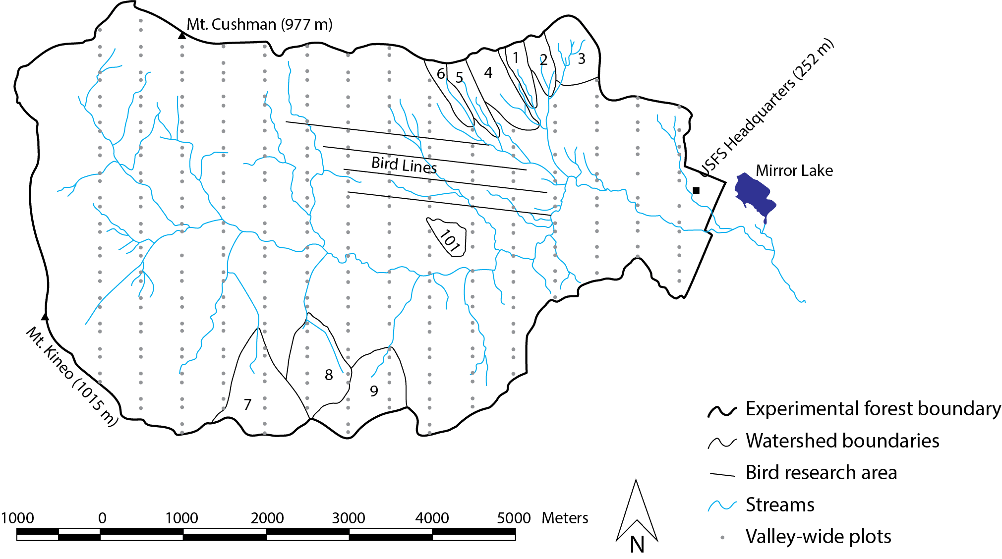 Vector graphic map of the research sites of the Hubbard Brook Experimental Forest